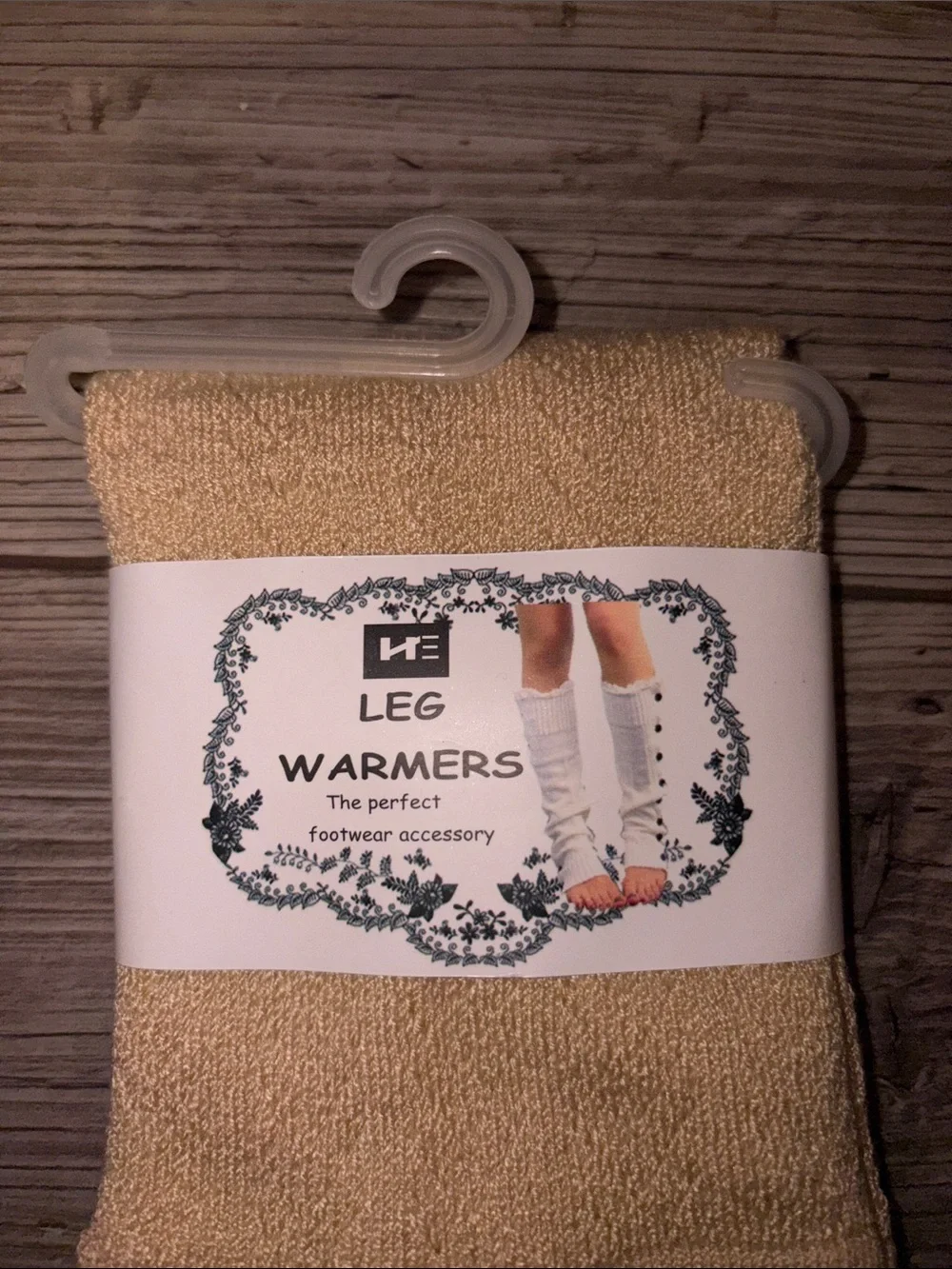 NWT leg warmers- Beige with white Crochet trim